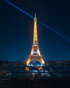 Eiffel Tower in France illuminated at night with the Paris 2024 Olympic rings